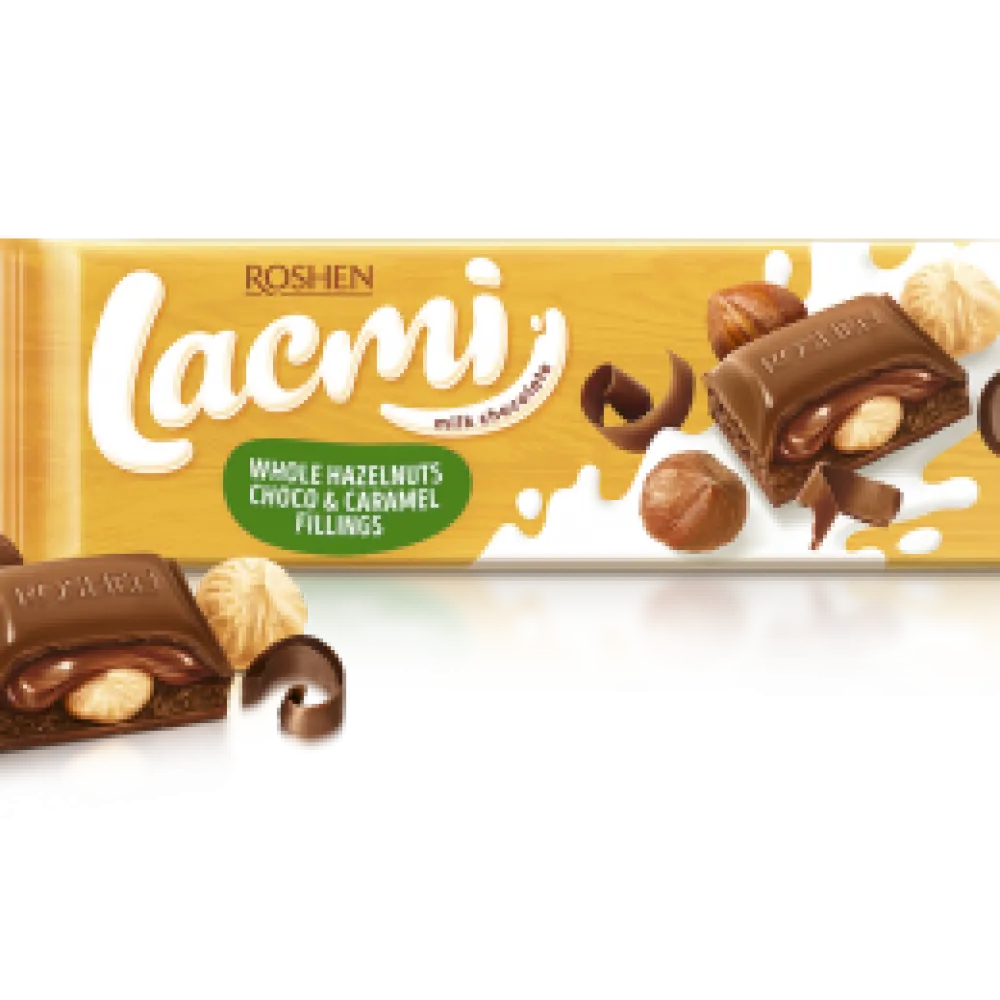 Шоколад Roshen Lacmi Молочний Цілий Лісовий Горіх Карамель 295гр  арт. 04739 