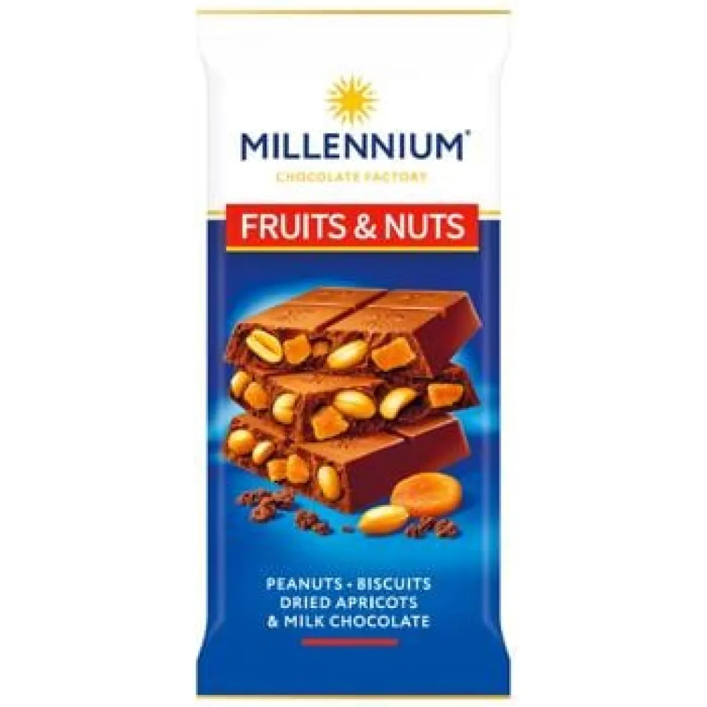 Шоколад Millennium Fruit&Nuts мол.з арахісом, біск, кур. та мигд. 90гр  арт. 10786 