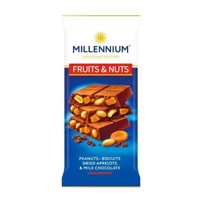 Шоколад Millennium Fruit&Nuts мол.з арахісом, біск, кур. та мигд. 90гр  арт. 10786