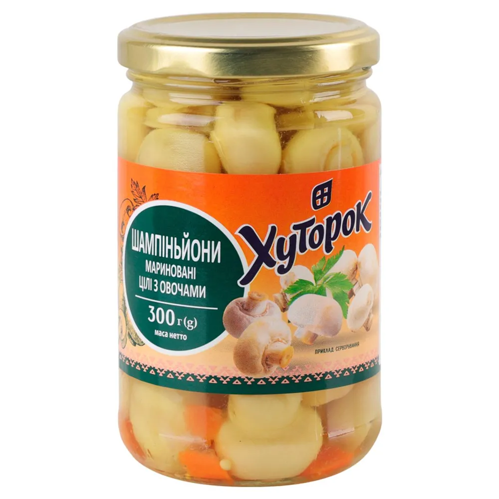 Шампіньони Хуторок Цілі мариновані з овочами 300гр  арт. 08872 